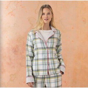Sundance Flannel Plaid Pajama Top Womens Medium Button Front Lined Cotton Green